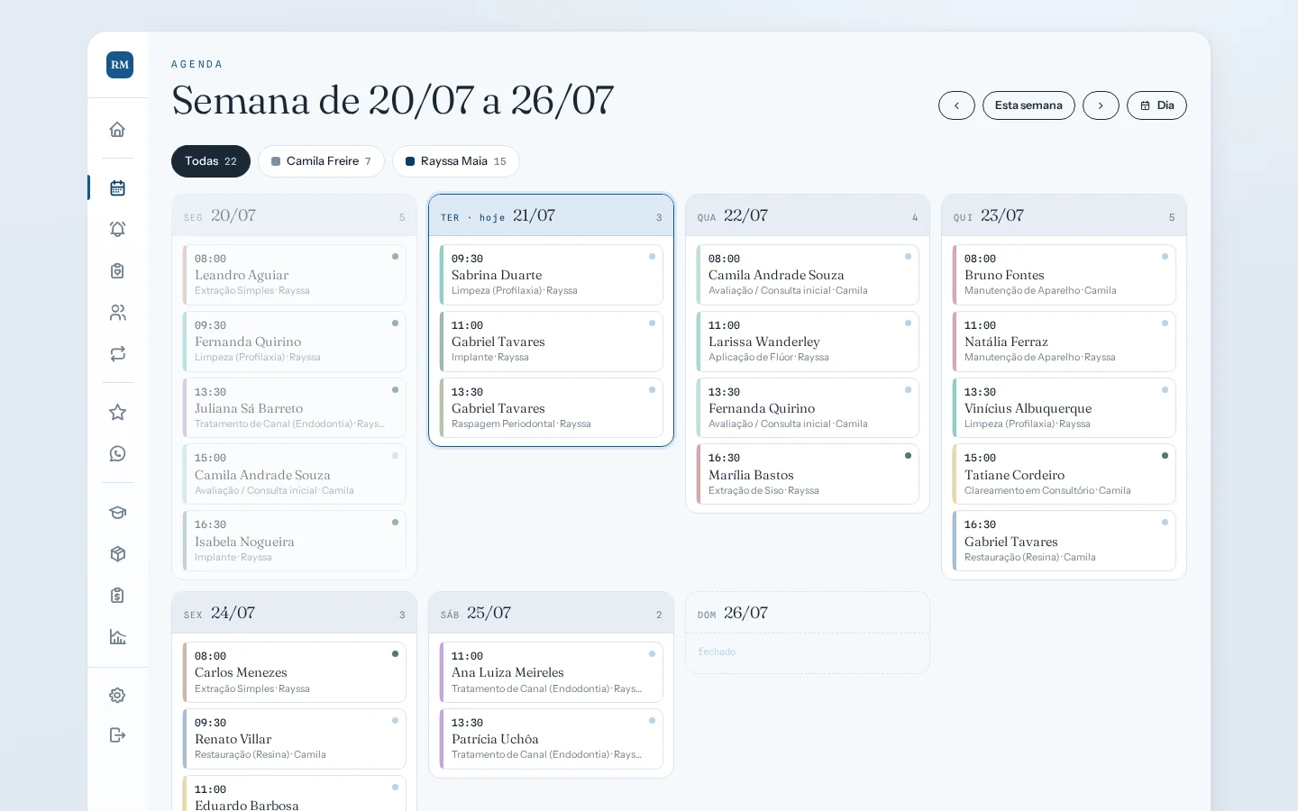 Agenda da semana da clínica odontológica