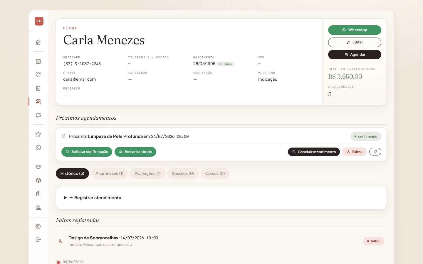 Ficha da cliente com histórico e próximos agendamentos